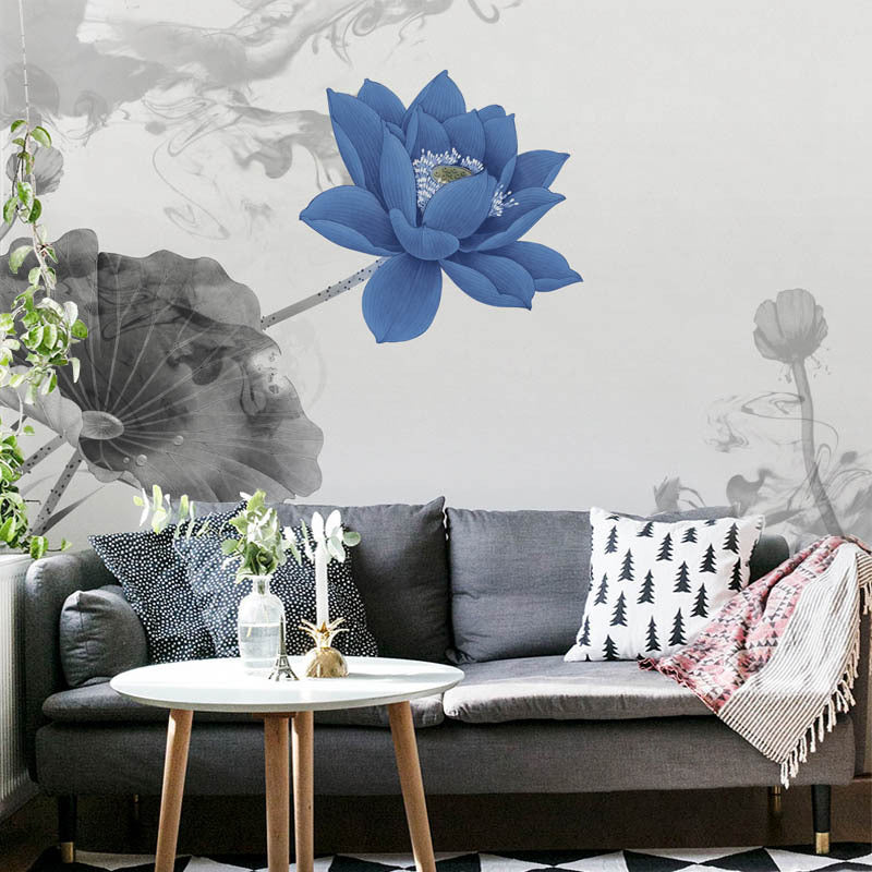 Full Size Lotus Wall Mural Blue and Grey Non-Woven Material Wall Art for Accent Wall, Custom-Printed Blue Clearhalo 'Wall Decor' 'Wall Mural' 976929