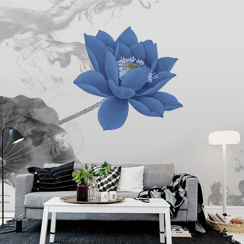 Full Size Lotus Wall Mural Blue and Grey Non-Woven Material Wall Art for Accent Wall, Custom-Printed Clearhalo 'Wall Decor' 'Wall Mural' 976930