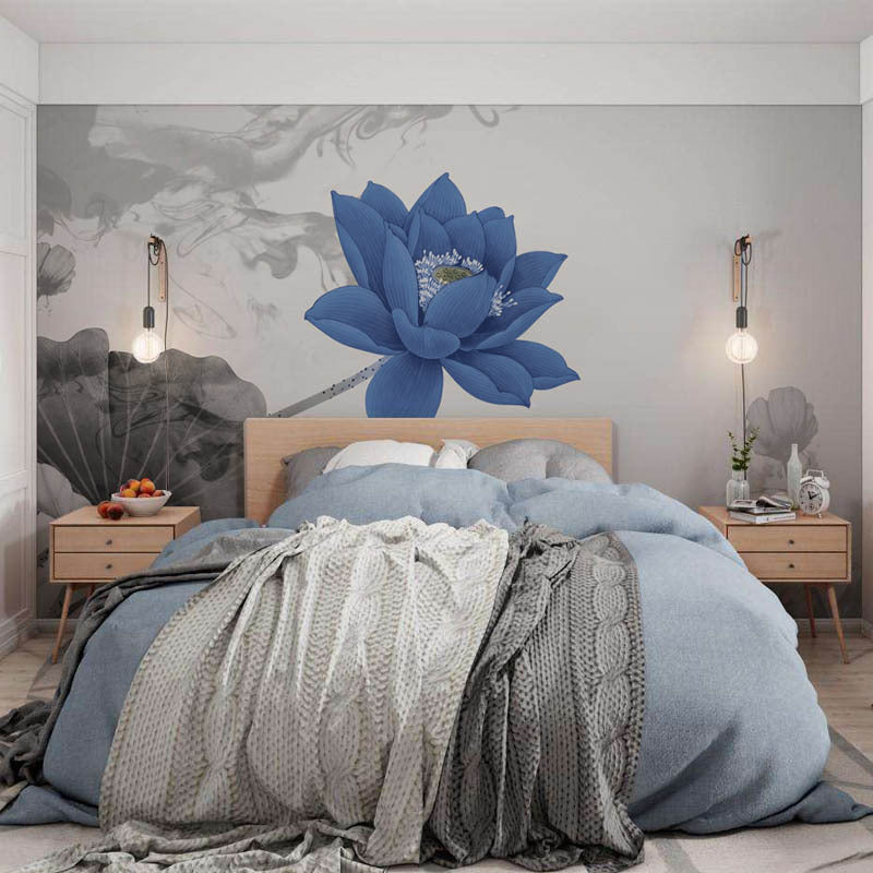 Full Size Lotus Wall Mural Blue and Grey Non-Woven Material Wall Art for Accent Wall, Custom-Printed Clearhalo 'Wall Decor' 'Wall Mural' 976931