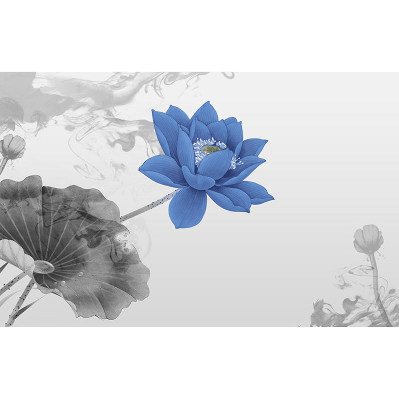 Full Size Lotus Wall Mural Blue and Grey Non-Woven Material Wall Art for Accent Wall, Custom-Printed Clearhalo 'Wall Decor' 'Wall Mural' 976932