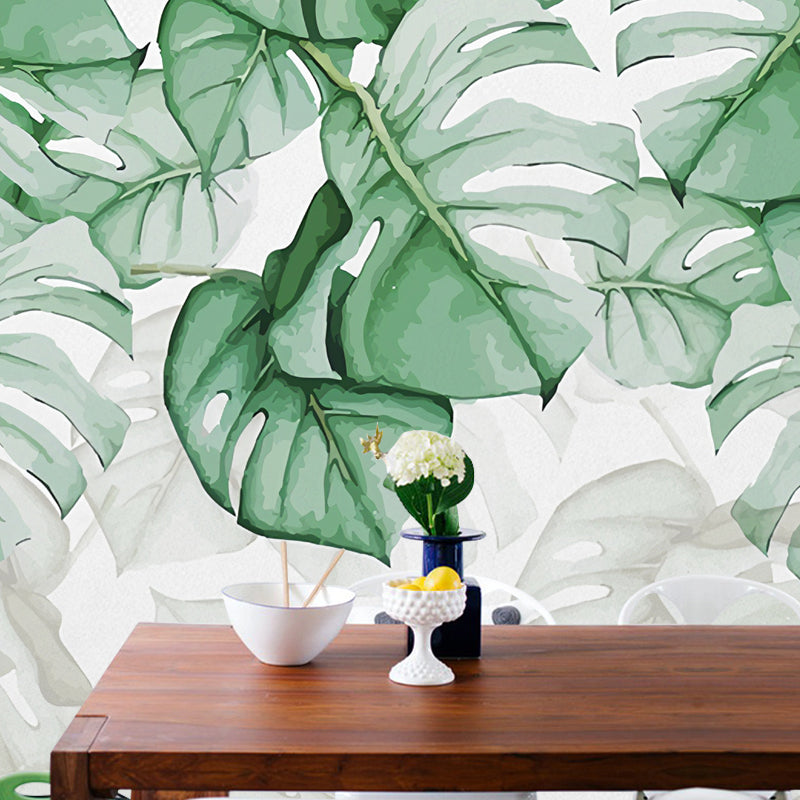 Contemporary Banana Leaves Wall Mural Green and White Wall Covering for Living Room, Customized Size Available Green Clearhalo 'Wall Decor' 'Wall Mural' 976945