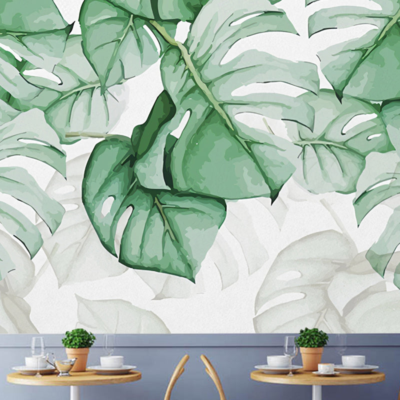 Contemporary Banana Leaves Wall Mural Green and White Wall Covering for Living Room, Customized Size Available Clearhalo 'Wall Decor' 'Wall Mural' 976946