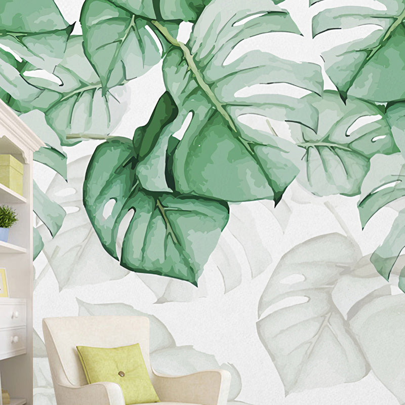 Contemporary Banana Leaves Wall Mural Green and White Wall Covering for Living Room, Customized Size Available Clearhalo 'Wall Decor' 'Wall Mural' 976947