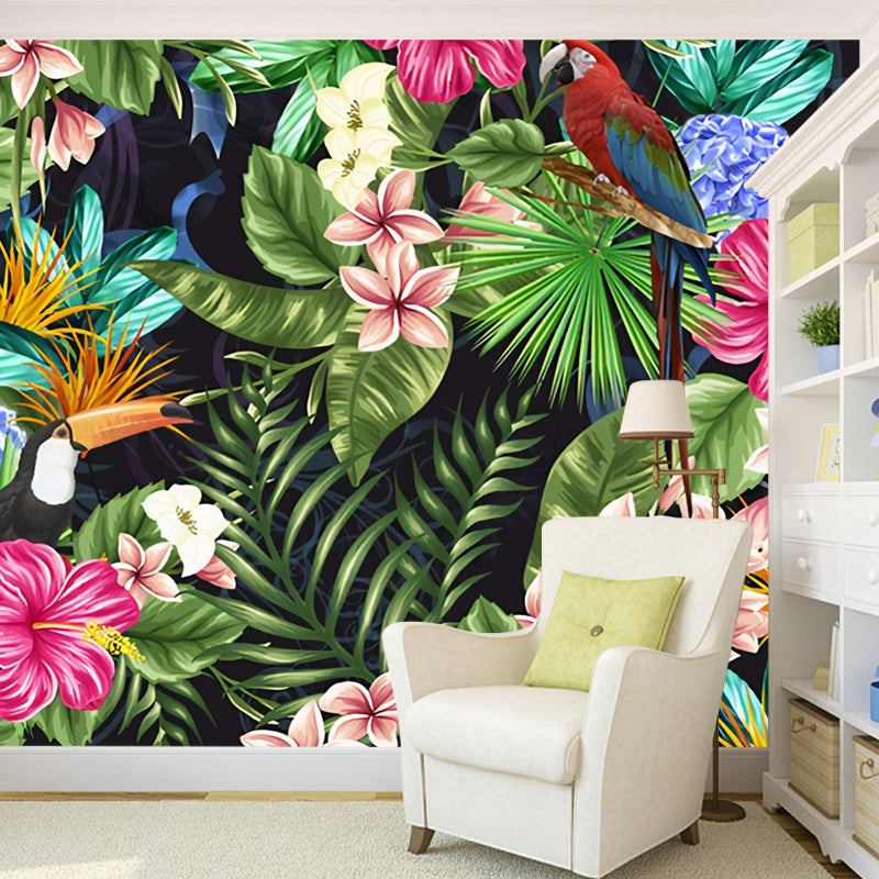 Green Jungle and Flower Mural Wallpaper Stain-Resistant Wall Decor for Guest Room Clearhalo 'Wall Decor' 'Wall Mural' 976952