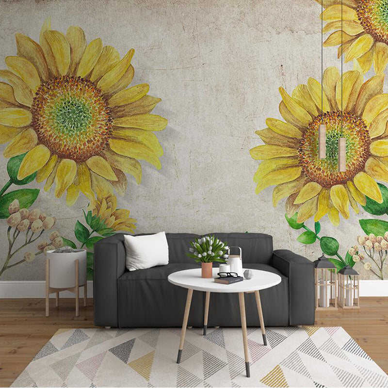 Minimalist Sunflower Wall Mural Decal for Accent Wall, Custom-Made Wall Art in Yellow and Beige Yellow Clearhalo 'Wall Decor' 'Wall Mural' 976960