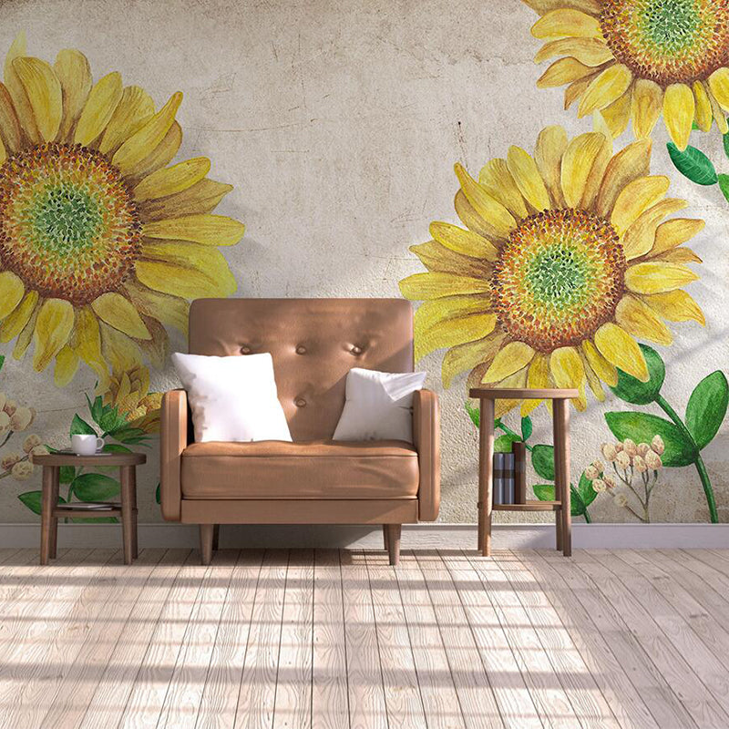 Minimalist Sunflower Wall Mural Decal for Accent Wall, Custom-Made Wall Art in Yellow and Beige Clearhalo 'Wall Decor' 'Wall Mural' 976961