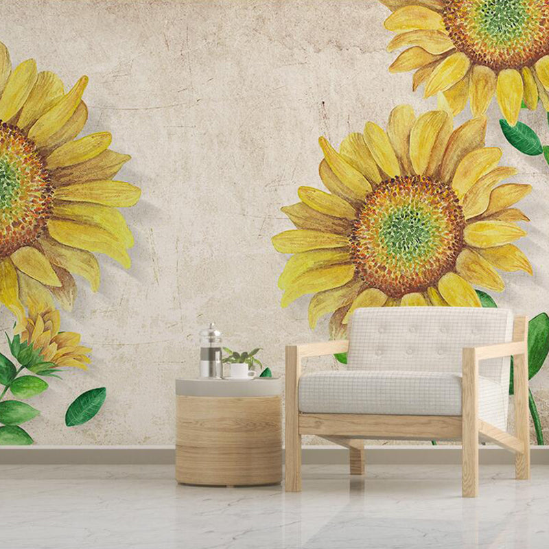 Minimalist Sunflower Wall Mural Decal for Accent Wall, Custom-Made Wall Art in Yellow and Beige Clearhalo 'Wall Decor' 'Wall Mural' 976962