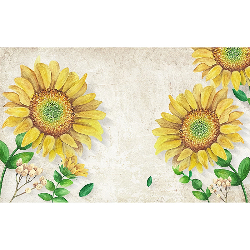 Minimalist Sunflower Wall Mural Decal for Accent Wall, Custom-Made Wall Art in Yellow and Beige Clearhalo 'Wall Decor' 'Wall Mural' 976963