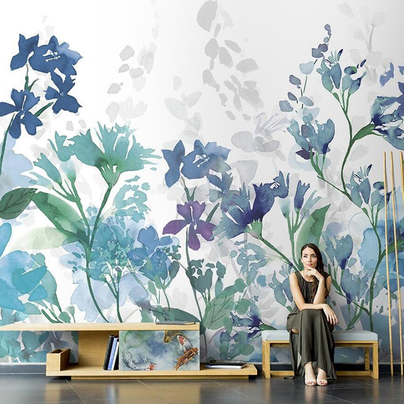 Watercolors of Blossom Mural Wallpaper in Purple and Blue, Contemporary Wall Art for Guest Room Purplish Blue Clearhalo 'Wall Decor' 'Wall Mural' 976965