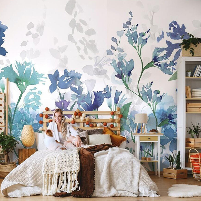 Watercolors of Blossom Mural Wallpaper in Purple and Blue, Contemporary Wall Art for Guest Room Clearhalo 'Wall Decor' 'Wall Mural' 976966
