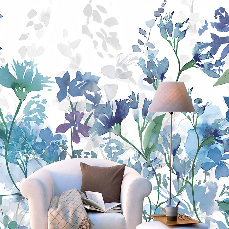 Watercolors of Blossom Mural Wallpaper in Purple and Blue, Contemporary Wall Art for Guest Room Clearhalo 'Wall Decor' 'Wall Mural' 976967