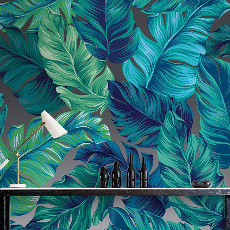 Whole Illustration Minimalist Wall Mural for Home Decoration with Banana Leaves in Green and Blue Green-Blue Clearhalo 'Wall Decor' 'Wall Mural' 976975