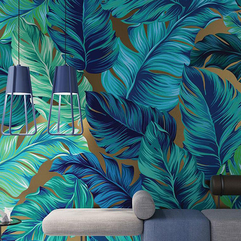 Whole Illustration Minimalist Wall Mural for Home Decoration with Banana Leaves in Green and Blue Clearhalo 'Wall Decor' 'Wall Mural' 976977