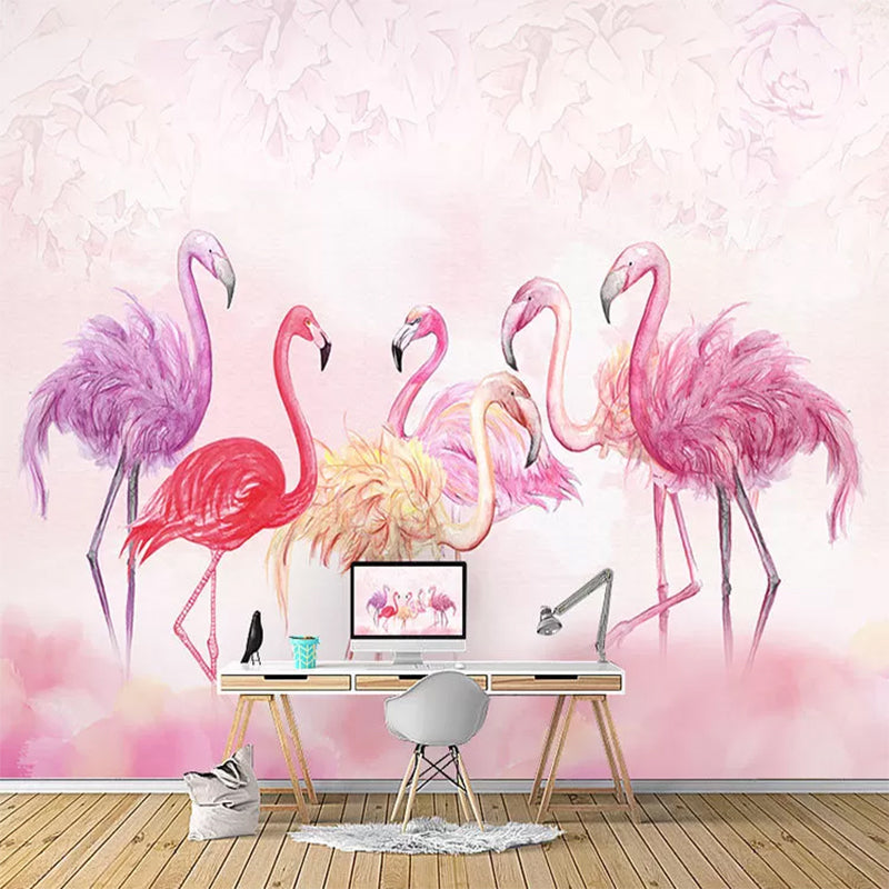 Nordic Flamingo Wall Mural Decal in Pink Girl's Bedroom Wall Covering, Personalized Size Available Pink Clearhalo 'Wall Decor' 'Wall Mural' 977021