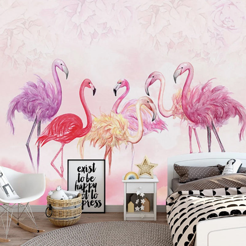 Nordic Flamingo Wall Mural Decal in Pink Girl's Bedroom Wall Covering, Personalized Size Available Clearhalo 'Wall Decor' 'Wall Mural' 977022