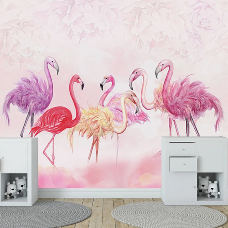 Nordic Flamingo Wall Mural Decal in Pink Girl's Bedroom Wall Covering, Personalized Size Available Clearhalo 'Wall Decor' 'Wall Mural' 977023