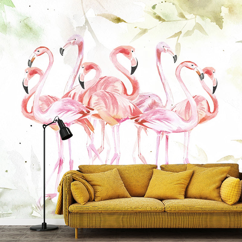 Customized Illustration Fresh Mural Wallpaper for Accent Wall with Flamingo Pattern in Pink Pink Clearhalo 'Wall Decor' 'Wall Mural' 977046