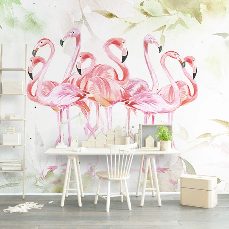 Customized Illustration Fresh Mural Wallpaper for Accent Wall with Flamingo Pattern in Pink Clearhalo 'Wall Decor' 'Wall Mural' 977047