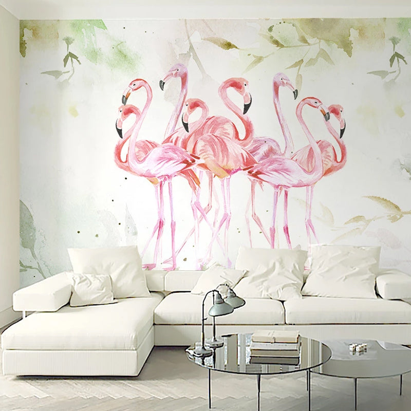 Customized Illustration Fresh Mural Wallpaper for Accent Wall with Flamingo Pattern in Pink Clearhalo 'Wall Decor' 'Wall Mural' 977048