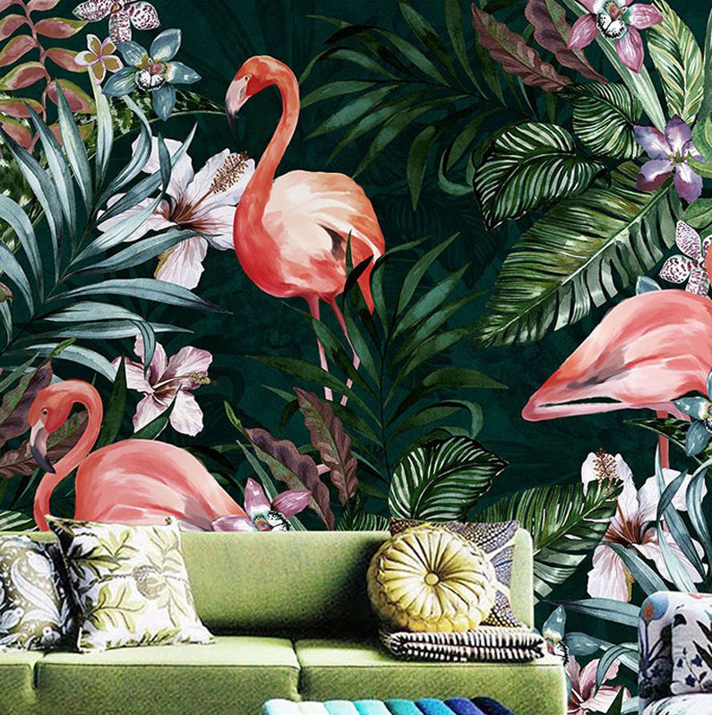 Whole Illustration Tropical Wall Mural for Guest Room with Flamingo and Plant in Pink and Green Green-Pink Clearhalo 'Wall Decor' 'Wall Mural' 977061