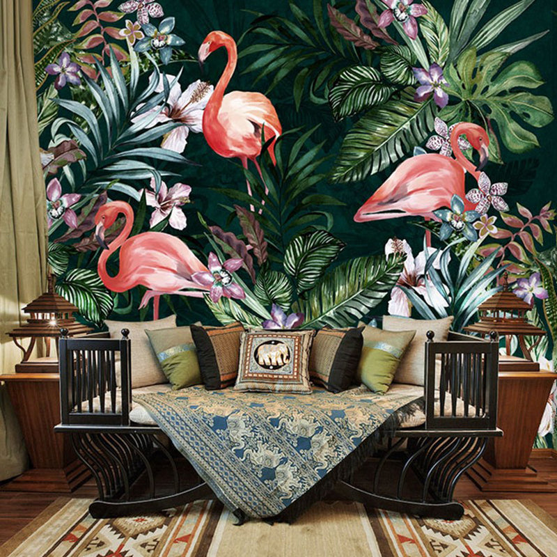 Whole Illustration Tropical Wall Mural for Guest Room with Flamingo and Plant in Pink and Green Clearhalo 'Wall Decor' 'Wall Mural' 977062