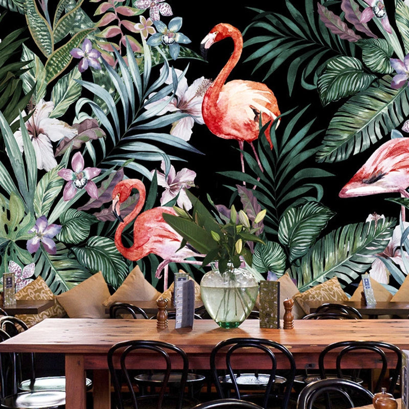 Whole Illustration Tropical Wall Mural for Guest Room with Flamingo and Plant in Pink and Green Clearhalo 'Wall Decor' 'Wall Mural' 977063