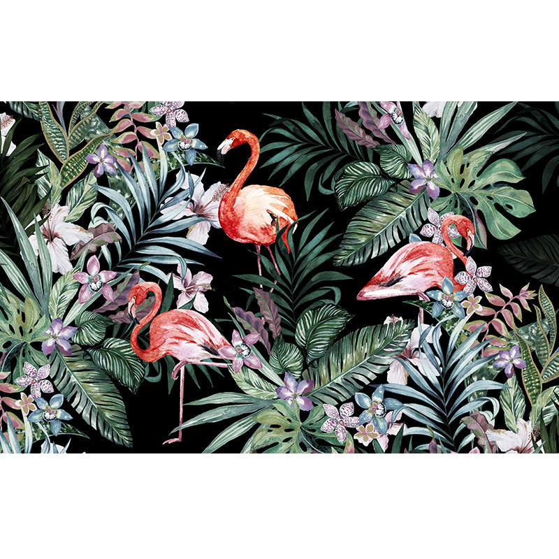 Whole Illustration Tropical Wall Mural for Guest Room with Flamingo and Plant in Pink and Green Clearhalo 'Wall Decor' 'Wall Mural' 977064