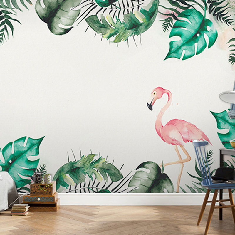 Cute Flamingo Mural Wallpaper for Girl's Bedroom Nordic Wall Covering, Made to Measure Green-Pink Clearhalo 'Wall Decor' 'Wall Mural' 977081