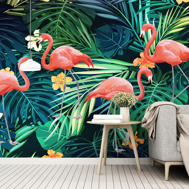 Modernism Flamingo and Plant Mural in Green and Pink Guest Room Wall Covering, Personalized Size Available Green Clearhalo 'Wall Decor' 'Wall Mural' 977091