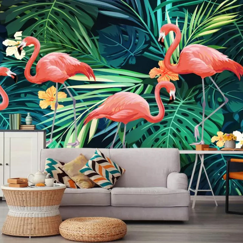 Modernism Flamingo and Plant Mural in Green and Pink Guest Room Wall Covering, Personalized Size Available Clearhalo 'Wall Decor' 'Wall Mural' 977092