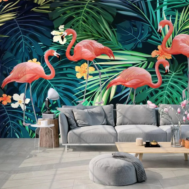 Modernism Flamingo and Plant Mural in Green and Pink Guest Room Wall Covering, Personalized Size Available Clearhalo 'Wall Decor' 'Wall Mural' 977093