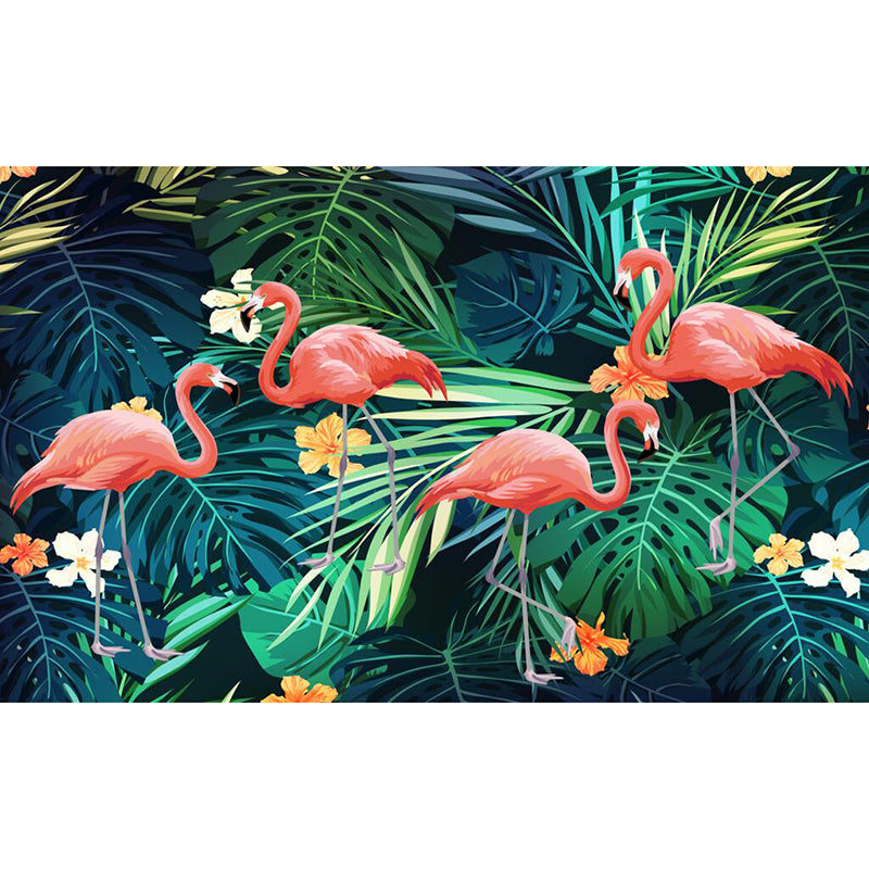 Modernism Flamingo and Plant Mural in Green and Pink Guest Room Wall Covering, Personalized Size Available Clearhalo 'Wall Decor' 'Wall Mural' 977094