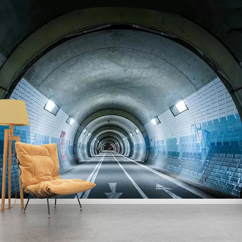 3D Effect Extensive Tunnel Mural in Grey and Blue, Industrial Wall Art for Meeting Room Gray-Blue Clearhalo 'Wall Decor' 'Wall Mural' 977115