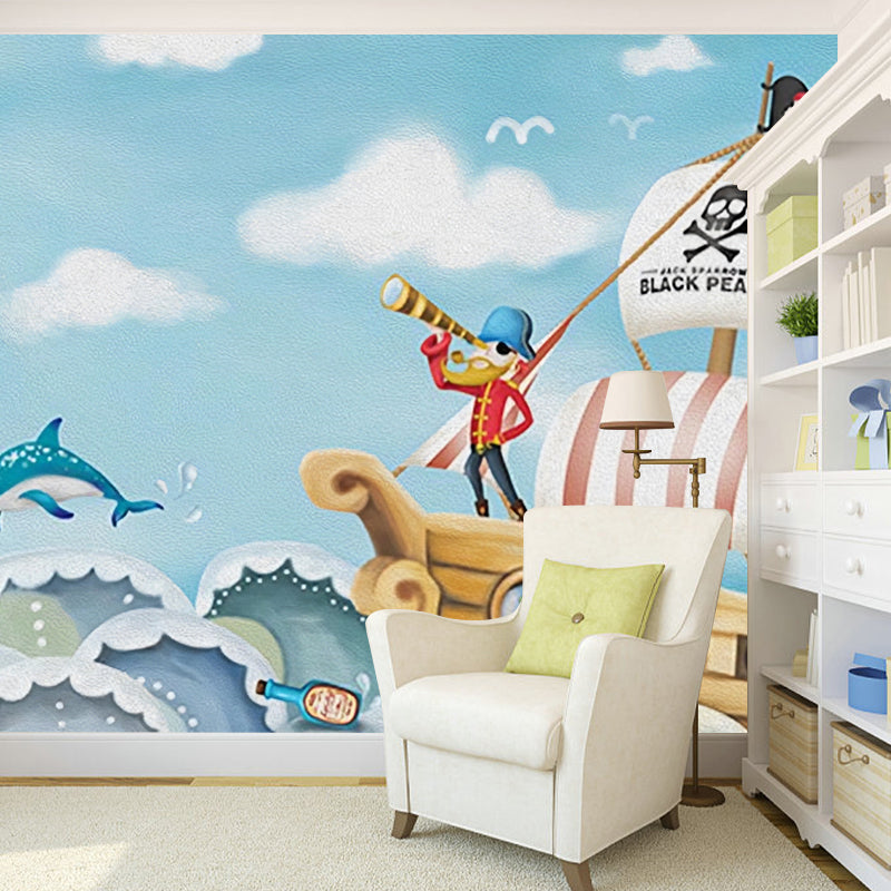 Cartoon Pirate Wall Mural Decal for Children's Bedroom, Soft Blue, Personalized Size Available Clearhalo 'Wall Decor' 'Wall Mural' 977151