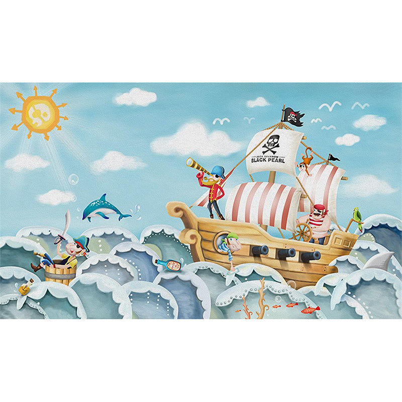 Cartoon Pirate Wall Mural Decal for Children's Bedroom, Soft Blue, Personalized Size Available Clearhalo 'Wall Decor' 'Wall Mural' 977152