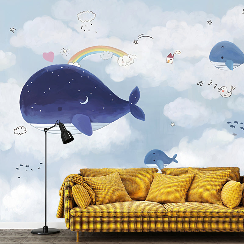 Blue and White Whale Mural Wallpaper Water-Resistant Wall Covering for Boy or Girl Blue Clearhalo 'Wall Decor' 'Wall Mural' 977159