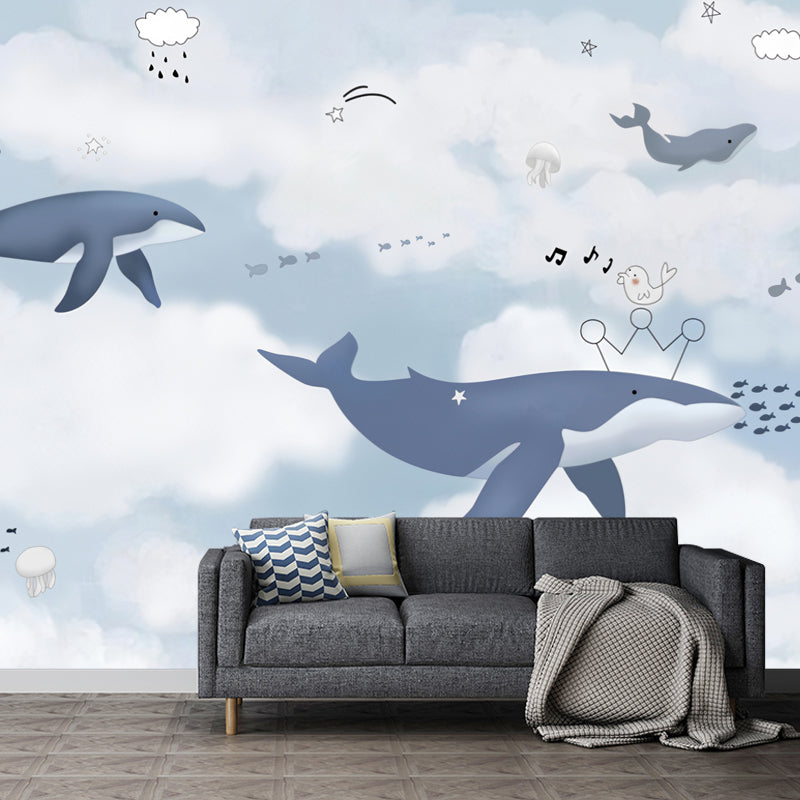 Illustration Shark and Cloud Mural Full Size Wall Decor for Children, Custom Size Available Blue Clearhalo 'Wall Decor' 'Wall Mural' 977164