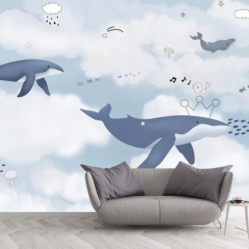 Illustration Shark and Cloud Mural Full Size Wall Decor for Children, Custom Size Available Clearhalo 'Wall Decor' 'Wall Mural' 977165