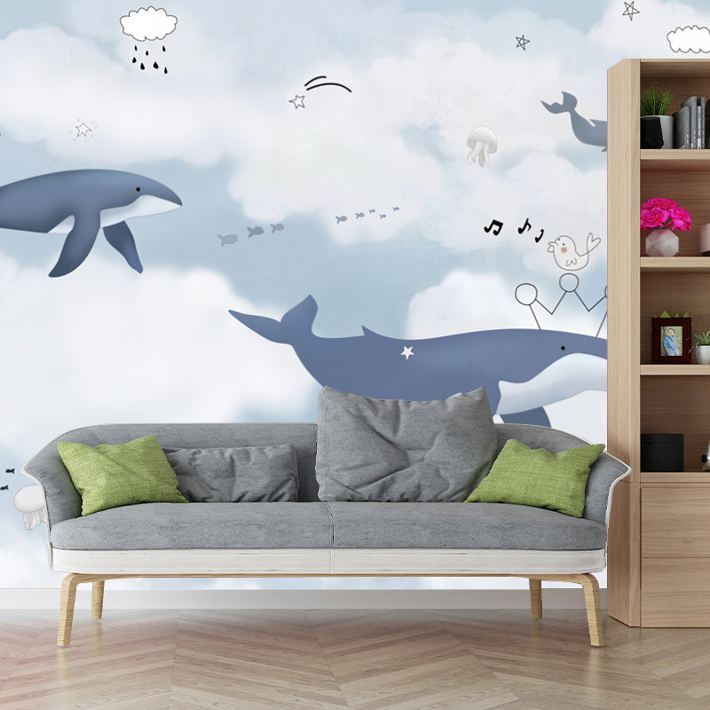 Illustration Shark and Cloud Mural Full Size Wall Decor for Children, Custom Size Available Clearhalo 'Wall Decor' 'Wall Mural' 977166