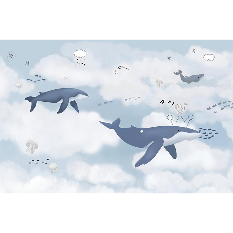 Illustration Shark and Cloud Mural Full Size Wall Decor for Children, Custom Size Available Clearhalo 'Wall Decor' 'Wall Mural' 977167