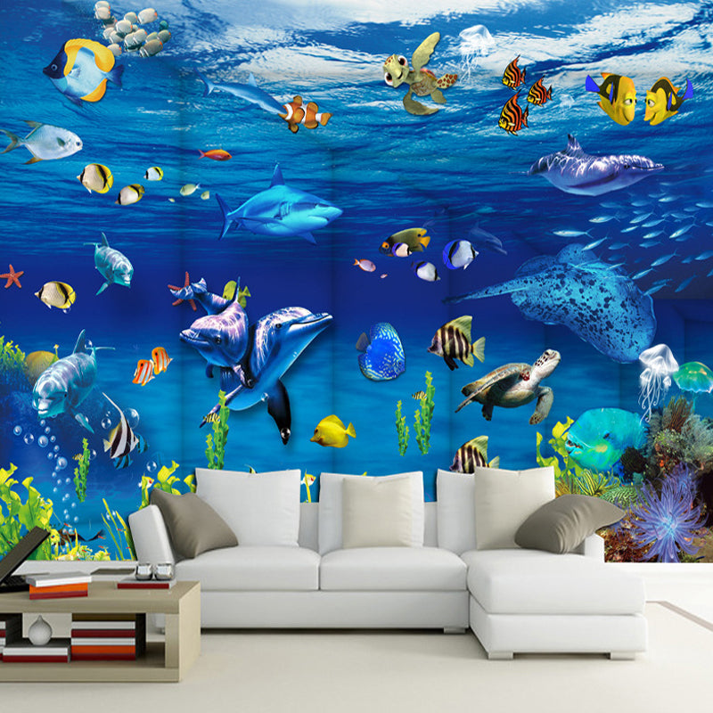 Undersea Animal Wall Mural Decal in Blue, Contemporary Wall Covering for Children's Bedroom Blue Clearhalo 'Wall Decor' 'Wall Mural' 977174