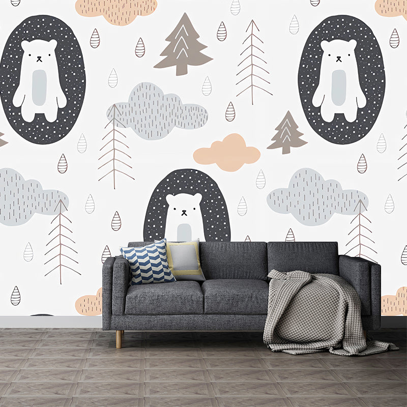 Full Size Cartoon Bear Mural in Grey Non-Woven Material Wall Art for Kid's Bedroom, Made to Measure Black-White Clearhalo 'Wall Decor' 'Wall Mural' 977204