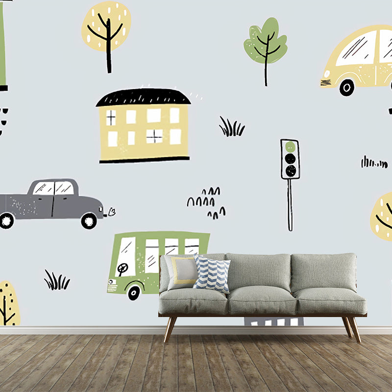 Minimalist Car and Tree Mural for Children's Bedroom, Personalized Size Wall Art in Grey Grey Clearhalo 'Wall Decor' 'Wall Mural' 977229