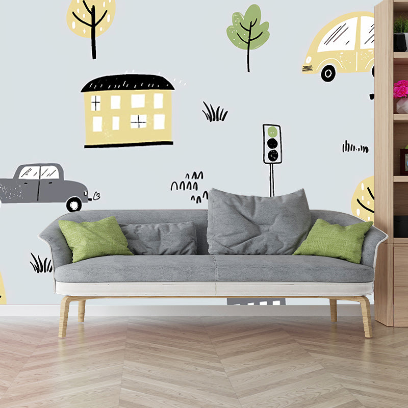 Minimalist Car and Tree Mural for Children's Bedroom, Personalized Size Wall Art in Grey Clearhalo 'Wall Decor' 'Wall Mural' 977230