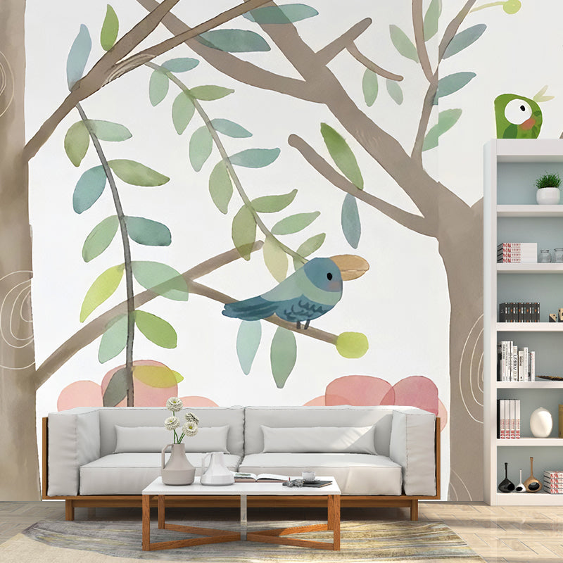 Extra Large Plant Mural Wallpaper for Children Sparrow Wall Decor in Green, Stain Resistant Green Clearhalo 'Wall Decor' 'Wall Mural' 977239