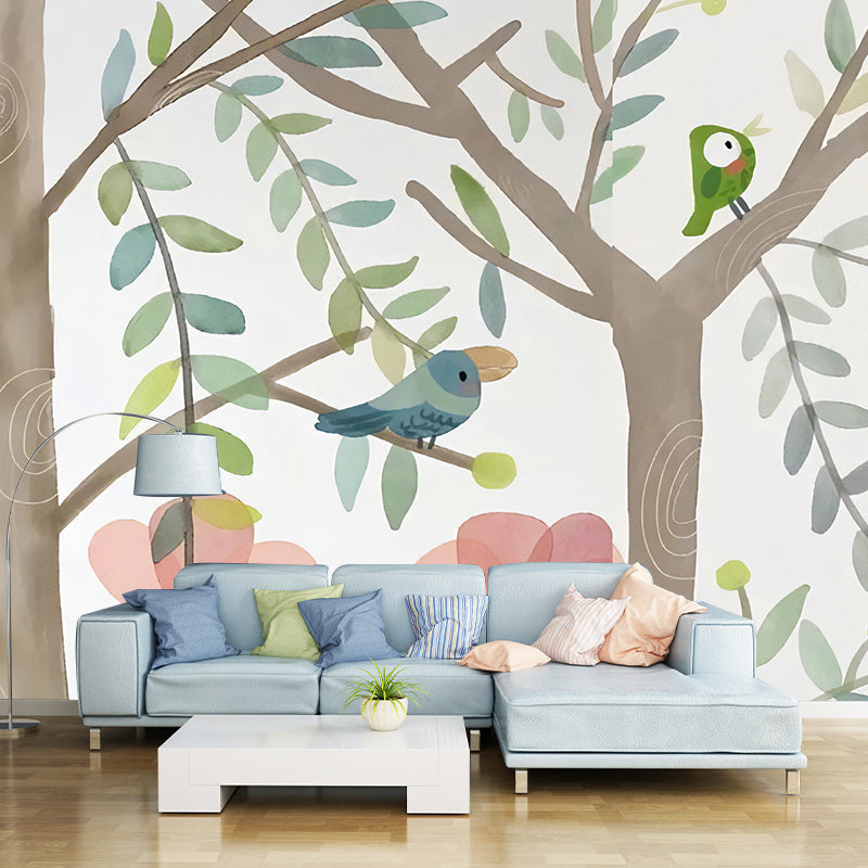 Extra Large Plant Mural Wallpaper for Children Sparrow Wall Decor in Green, Stain Resistant Clearhalo 'Wall Decor' 'Wall Mural' 977240