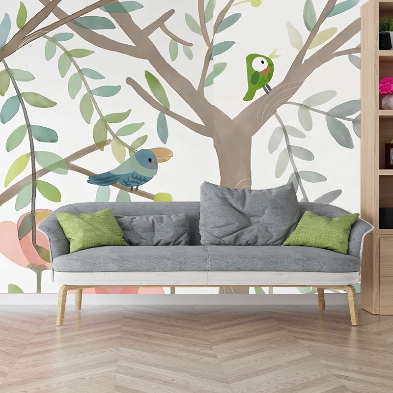 Extra Large Plant Mural Wallpaper for Children Sparrow Wall Decor in Green, Stain Resistant Clearhalo 'Wall Decor' 'Wall Mural' 977241