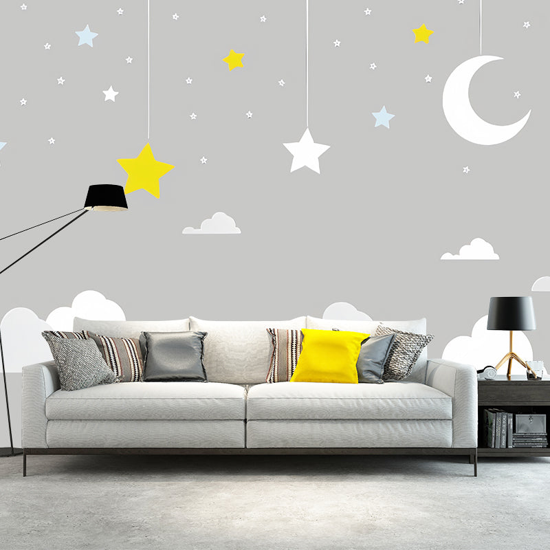 Cartoon Moon and Cloud Mural for Boy or Girl Minimalist Wall Covering, Custom Size Available Grey Clearhalo 'Wall Decor' 'Wall Mural' 977254