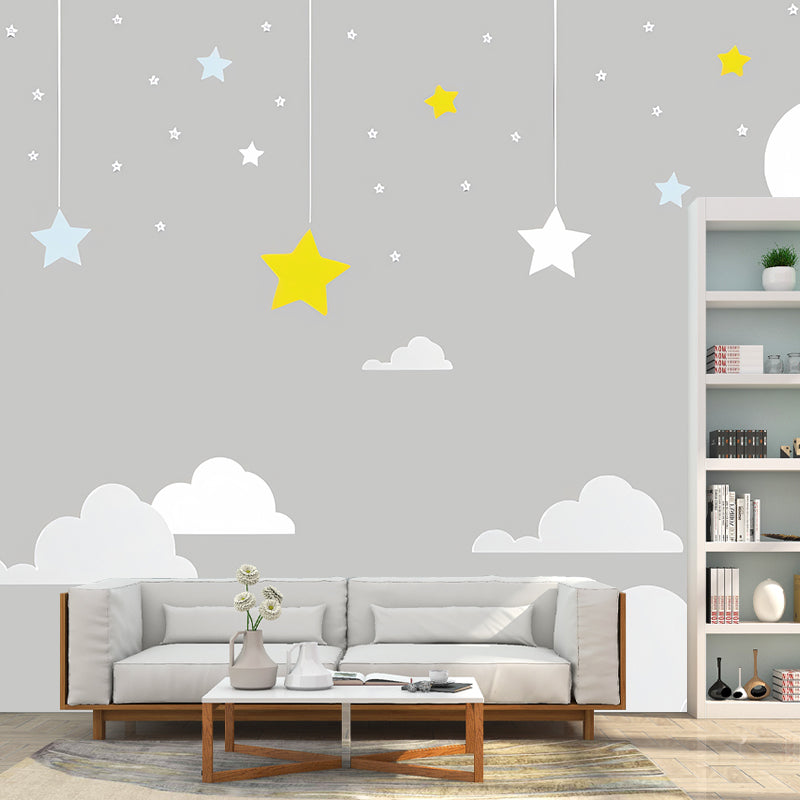 Cartoon Moon and Cloud Mural for Boy or Girl Minimalist Wall Covering, Custom Size Available Clearhalo 'Wall Decor' 'Wall Mural' 977255