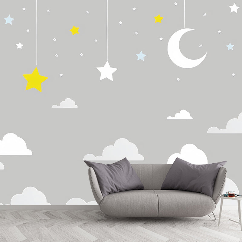 Cartoon Moon and Cloud Mural for Boy or Girl Minimalist Wall Covering, Custom Size Available Clearhalo 'Wall Decor' 'Wall Mural' 977256